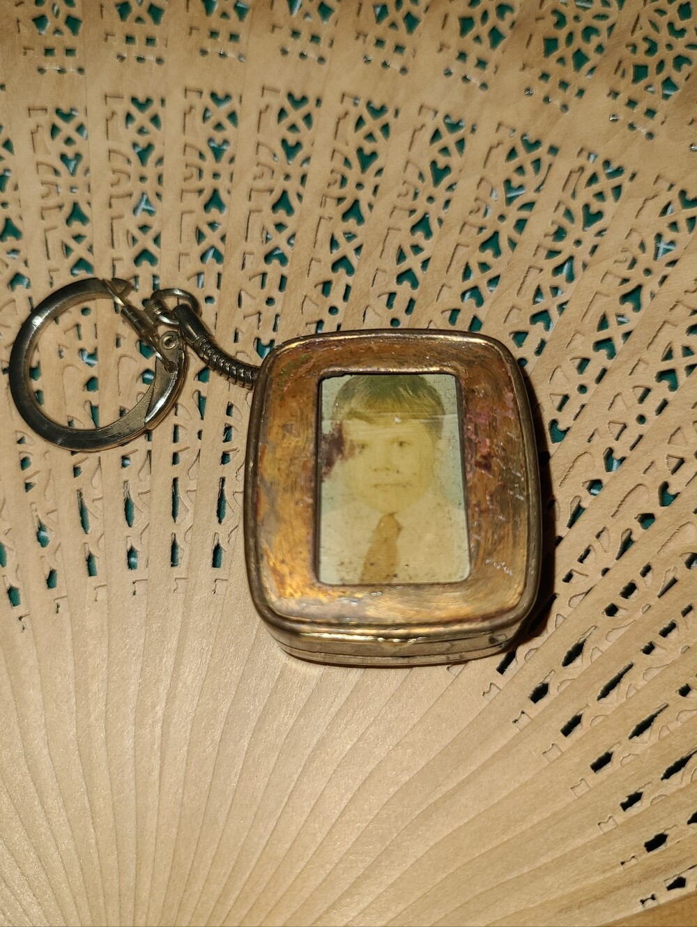 Vintage Photo Square Keychain Pendant in Tarnished Silver Tone